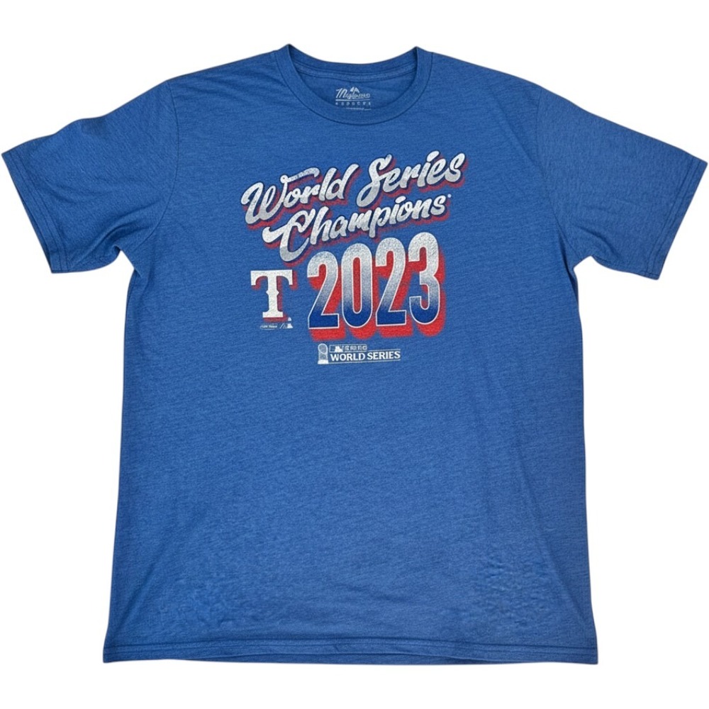 Majestic Texas Rangers T-Shirt Mens 2X Blue 2023 World Series Champions Roster